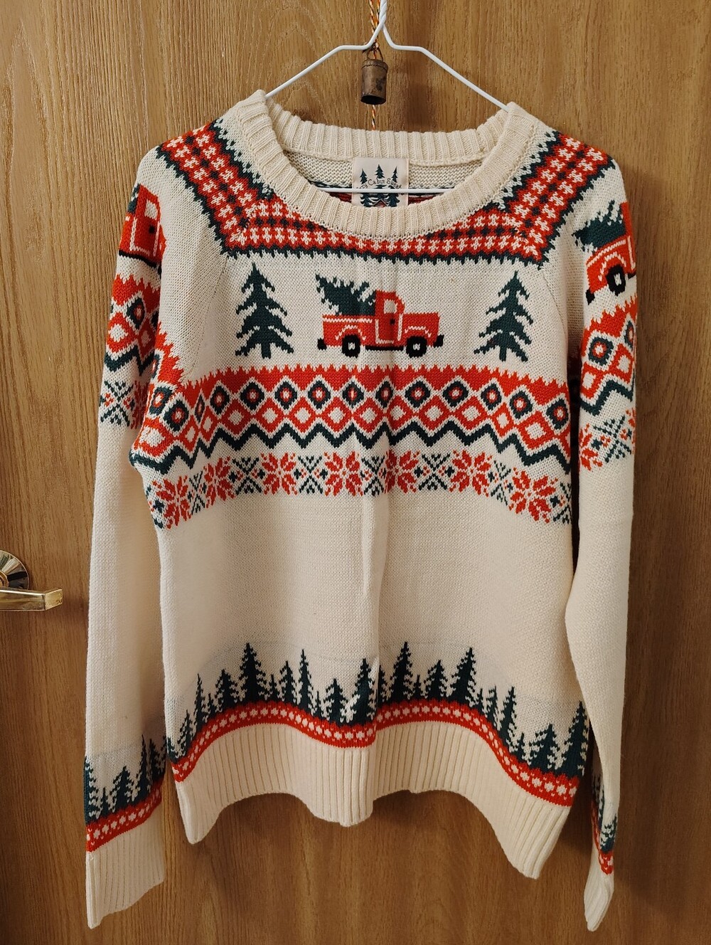 Kiel James Patrick Cream Fair Isle Sweater with Red Truck & Green Trees